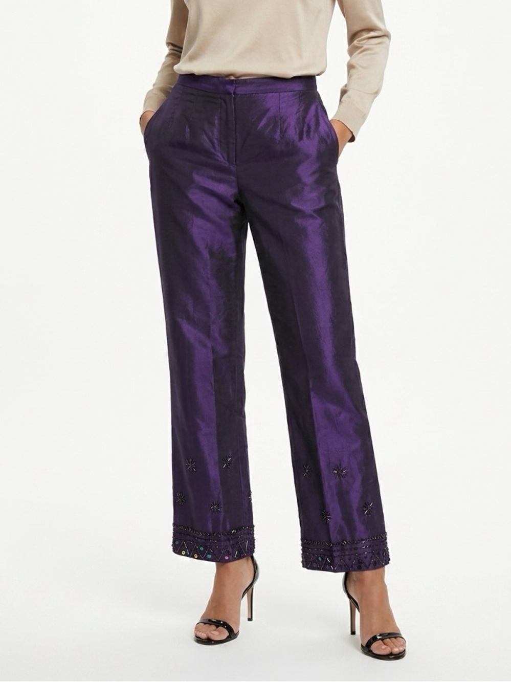 SILX Straight Leg Pants Beaded Hem High Waist Iridescent Silk Purple 4P - Picture 1 of 13